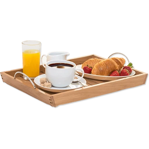 breakfast, petit dejeuner, breakfast tray, wooden tray, breakfast with a transparent background