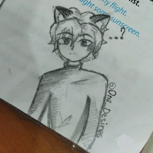 anime picture, cartoon, with a pencil, black sketch of cat, cat black pencil