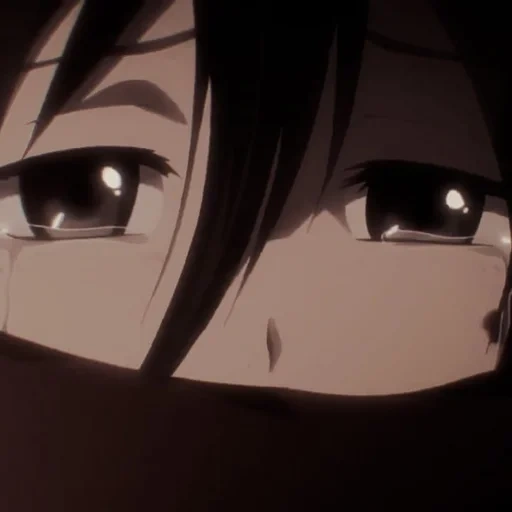 аниме, атака титанов, mikasa ackerman, грустный кадр аниме, блестящие аниме глаза микаса