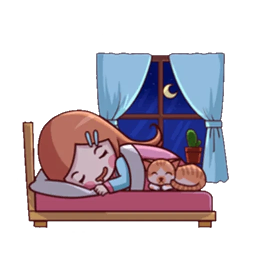 interno, ilustraciones, tarjeta de flash de hibernación, la niña duerme en la cama, patrón de cama de niña