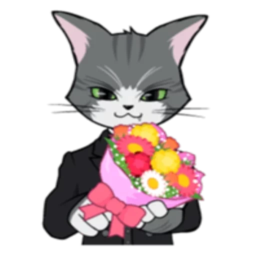 gatto, gatto, un gatto è un bouquet, gatti carini, gatto di cartoni animati con fiori
