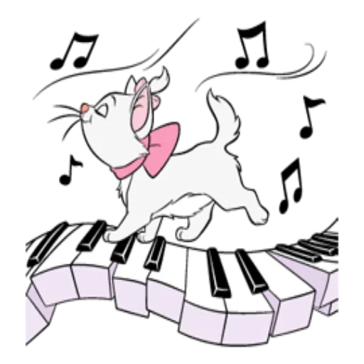 teclas de piano, figura do gato, notas dos aristocratas de gatos, piano de valsa de cachorro, desenho de gato musical