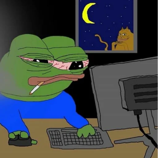 may 2022, pepe toad, pepe angry, pepe's frog, pepe is in front of the computer