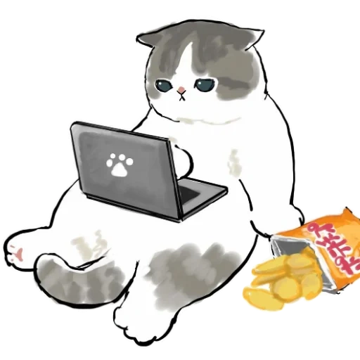 котик за компом, mofu sand котик с ноутбуком, котик за компьютером, котик иллюстрация, кошка