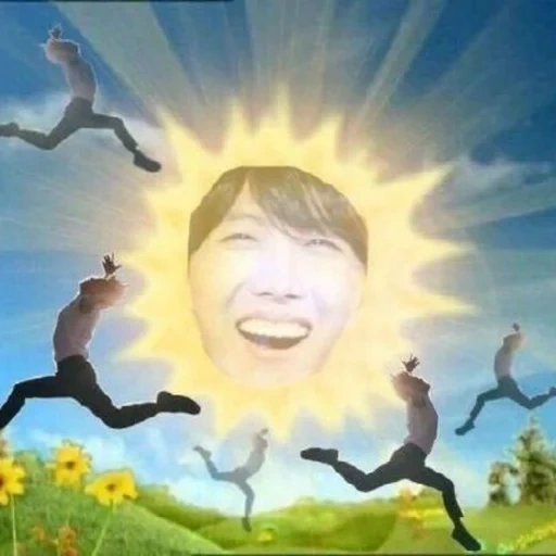 asiatique, le soleil est bts, le visage est drôle, moments marrants, teletubbies sun nicolas cage