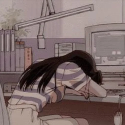 аниме, рисунок, грустные аниме, тянка 1200x 480x, уставшая аниме девушка возвращается работы