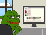young woman, pepe pak, toad meme, zhabka at the computer, frog pepe at the computer