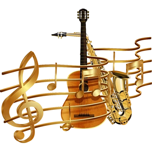 notes d'or, guitare saxophone, contexte musical, notes du saxophone doré, instruments de musique en or