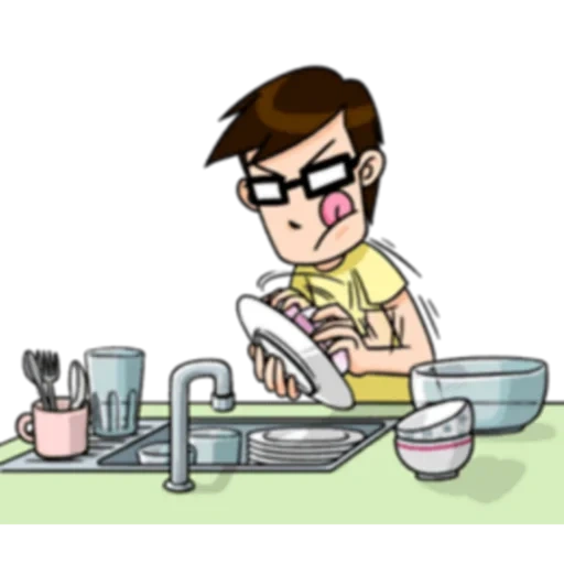 the boy, wash dishes, geschirr spülen, kulinarische comics, geschirr für kinder spülen