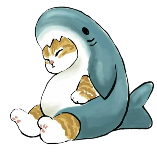 kitty shark, котики mofu акула, котик костюме акулы, животные милые рисунки, милый котик костюме акулы рисунок