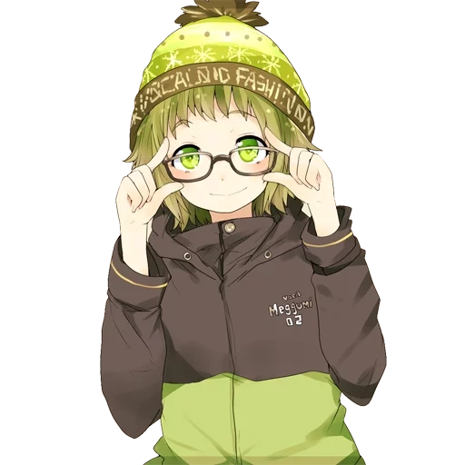 очки аниме, зеленое аниме, аниме девушка шапке, аниме кун арт толстовке