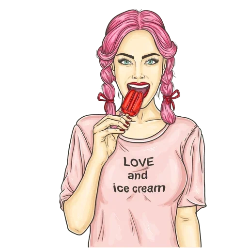поп арт девушка, девушка мороженым арт, девушка ест мороженое, девочка ест мороженое иллюстрация