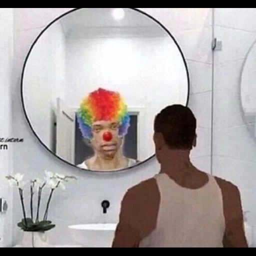 screenshot, in the mirror, smiling face, clown mirror, look in the mirror