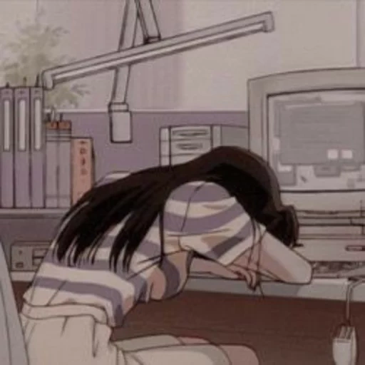 аниме, рисунок, манга аниме, грустные аниме, уставшая аниме девушка возвращается работы