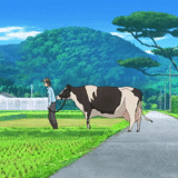 animation, anime cow, interesting anime, wilderness village, rural hinterland