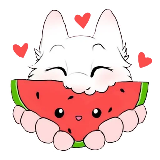 süße katze, kawaii katzen, kawaii zeichnungen, kawaii katzen mit wassermelone, katze mit einer wassermelone gezeichnet