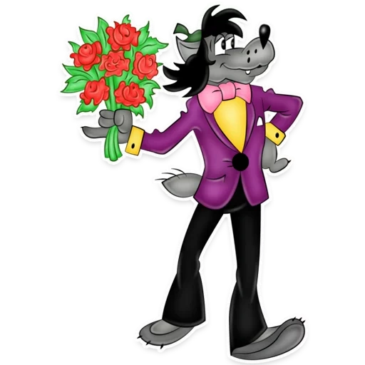 wolf with a bouquet, wolf flowers, well wait a wolf, wolf wait a wolf, well wait a wolf with flowers