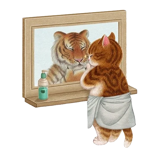 кот, кот зеркале тигр, nyangsongi котики, иллюстрация кошка, кошка зеркале тигр