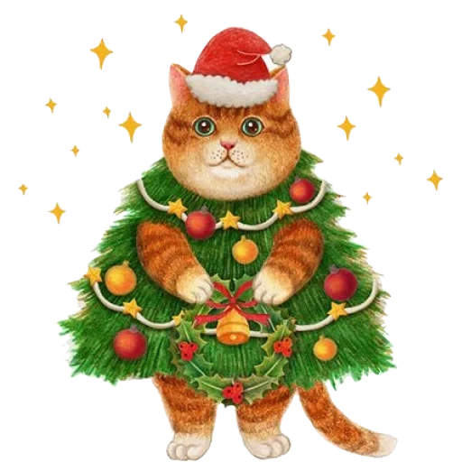 gatto, capodanno, cat di capodanno, carte di nuovo anno, illustrazione per il nuovo anno del gatto dell'albero di natale
