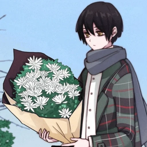gambar, seni anime, anime guys, karakter anime, pria anime dengan karangan bunga