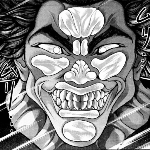 hanma yujiro, hanma yujiro smile, father baki hanma yujiro, yujiro hanma baki manga, miyamoto musashi hanma yujiro