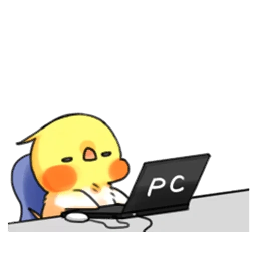 anime, human, cute drawings, soft and cute chick, duck at the computer