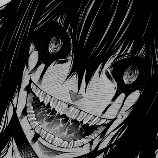 ein bösartiges lächeln, das verrückte lächeln, die kunst des wütenden lächelns, horror anime bild