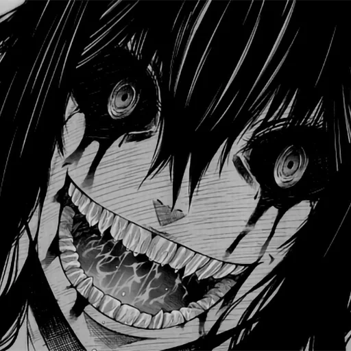 sorriso cruel, sorriso louco, arte do sorriso raivoso, imagem de anime de terror