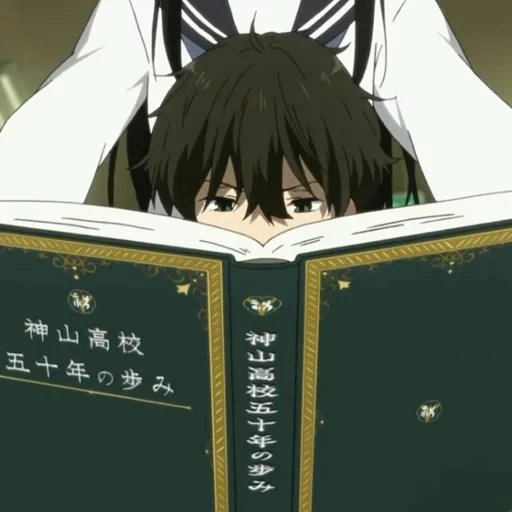 hyouka, anime creative, chitanda iran, livre hyouka, personnages d'anime