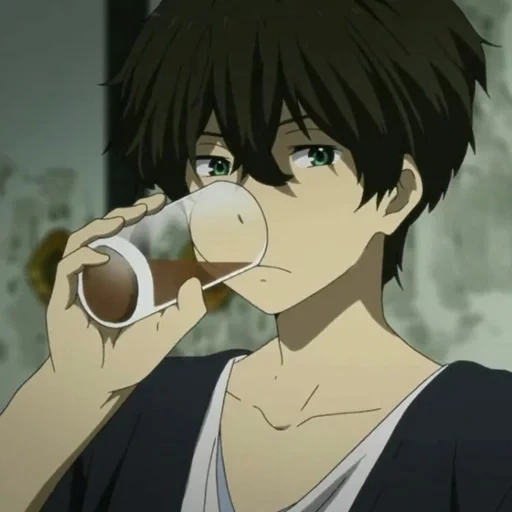 imagen, anime kun, oreki houtarou, el niño bebe anime de agua, el chico de anime bebe agua