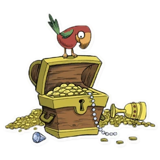 treasure chest gold, a box of coins, treasure chest, pirates with parrots on their breasts, treasure chest parrot