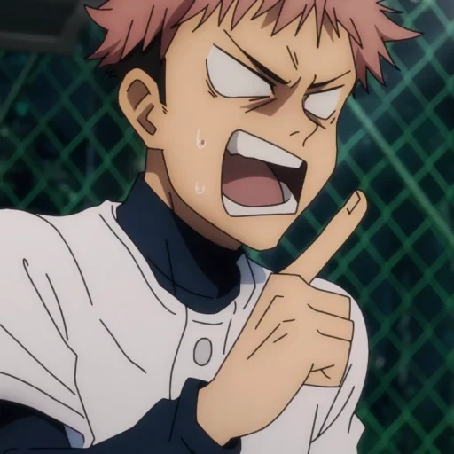 anime, the anime is funny, anime characters, itadori yuji with his fingers, jujutsu kaisen niche