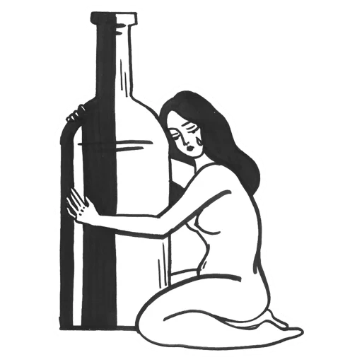alcol, una bottiglia di vino, disegno alcolico, beve il disegno di vino, ragazza con una bottiglia di vino