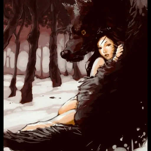 азиат, девушка волк, девушка зверь, волк девушка арт, волк обнимает девушку
