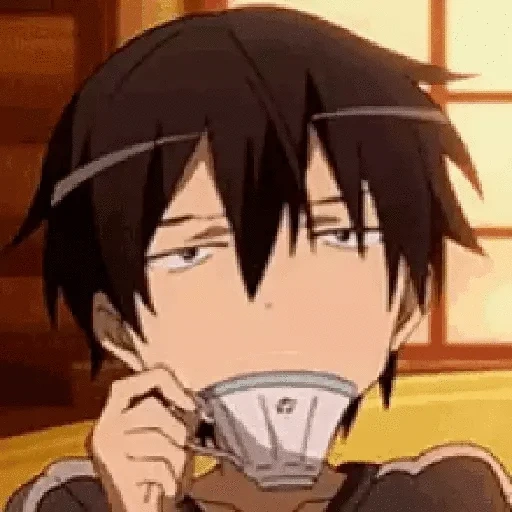 kuhn kirito, kirito kirigaya, sword master online, krito kun is drinking tea, anime guy is a dead guy