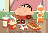 sin-chan, shin chan, makanan gifka, makanan cepat saji makanan, kartun shinchan