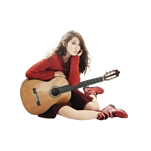 tala, guitarra de fundo branco, edite a garota com uma guitarra, menina tocando violão ao lado, a jovem vai tocar guitarra