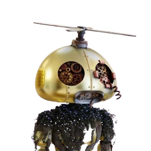 steampunk technology company, steampunk robot, old-fashioned robot, steampunk helicopter, automatic steampunk repair robot