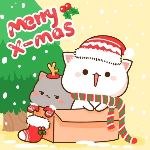кот каваи, кавайные котики, лд котята рождество, милые котики рисунки, кавайные котики новогодние