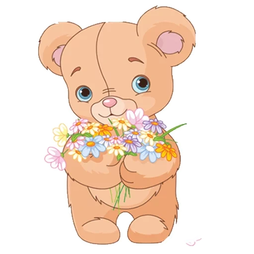 orso, orsacchiotto di peluche, prestare con fiori, cub di orso cartoni animati