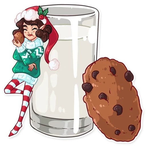 food animation, penelope elf, humanization of food, milk and cookies, illustration of milk biscuits