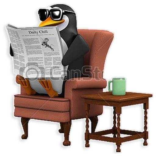 penguin 3 d, penguin with a newspaper, the penguin sits a chair