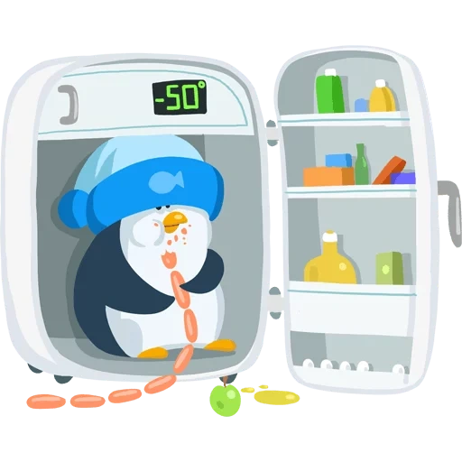 стикеры пингвин джордж, стикеры вк пингвин джордж, холодильник с продуктами иллюстрация, холодильник с продуктами рисунок, холодильник иллюстрация вектор