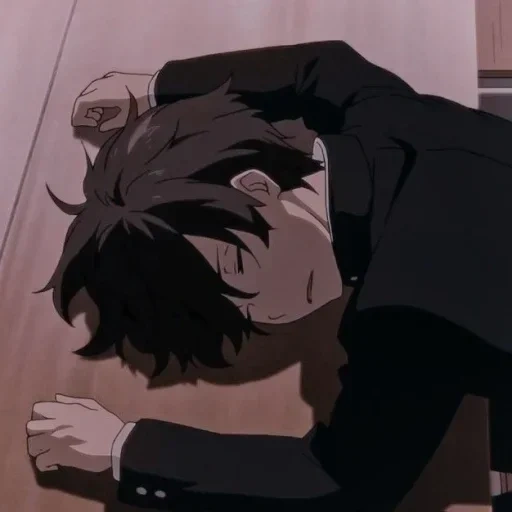 anime boy, sad animation, cartoon character, anime boy is tired, sad cartoon guy