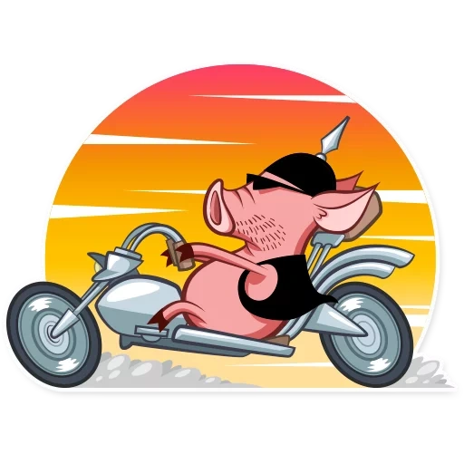 поросенок за рулем, свинья на мотоцикле, бык на мотоцикле вектор, кабаны байкеры мультик, мотоцикл
