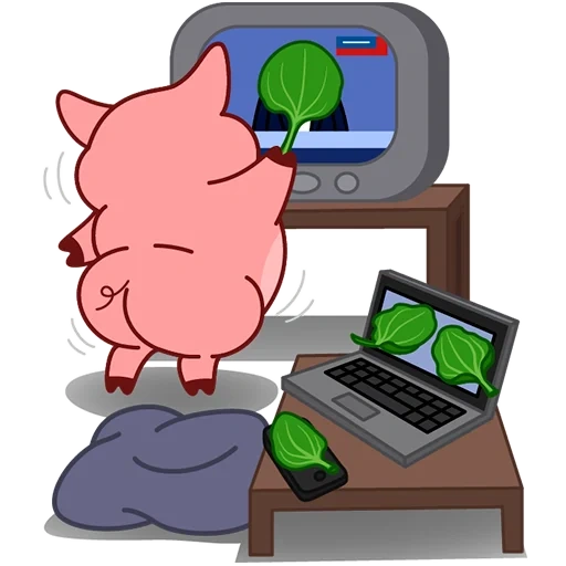 set stiker, babi kartun, babi di belakang keyboard, babi di komputer, gambar babi