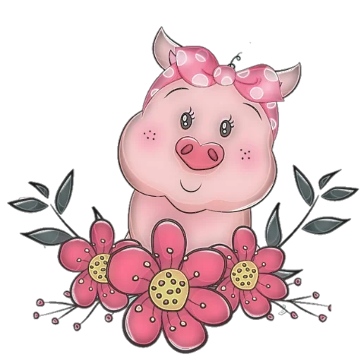 милая свинья, милая свинка, розовая свинья, поросенок цветами, мультяшный поросенок девочка