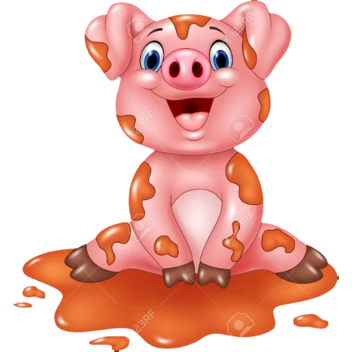 piggy pfütze, cartoon piggy, cartoon schwein sitzen, cartoon erwachsenes schwein