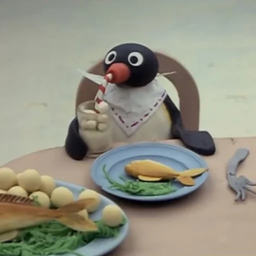 pingu, penguins eat breakfast, penguins want to eat, penguin plasticine, plasticine penguin cartoon