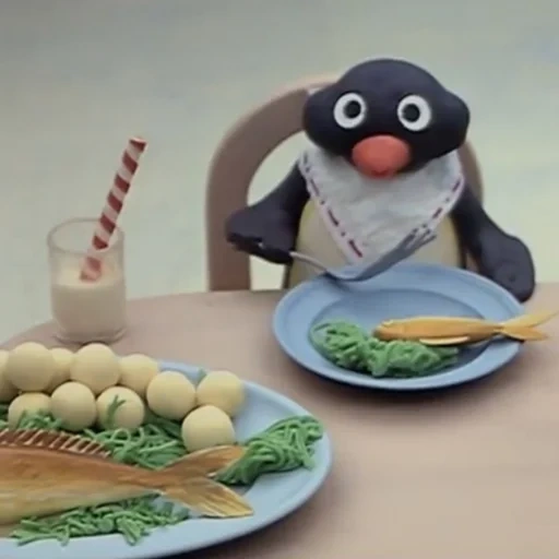 pingu, penguin mange des frites, penguin veut manger, pingouin de pâte, nuage de particules de pâte